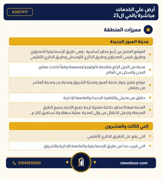 أرض - تم التخصيص 209 م² عمارة سكني — مدينة العبور الجديدة، الحي الثالث والعشرون، مجاورة 5 — مميزات المنطقة — 3