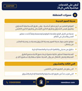أرض - تم التخصيص 209 م² عمارة سكني — مدينة العبور الجديدة، الحي الثالث والعشرون، مجاورة 5 — مميزات المنطقة — 3